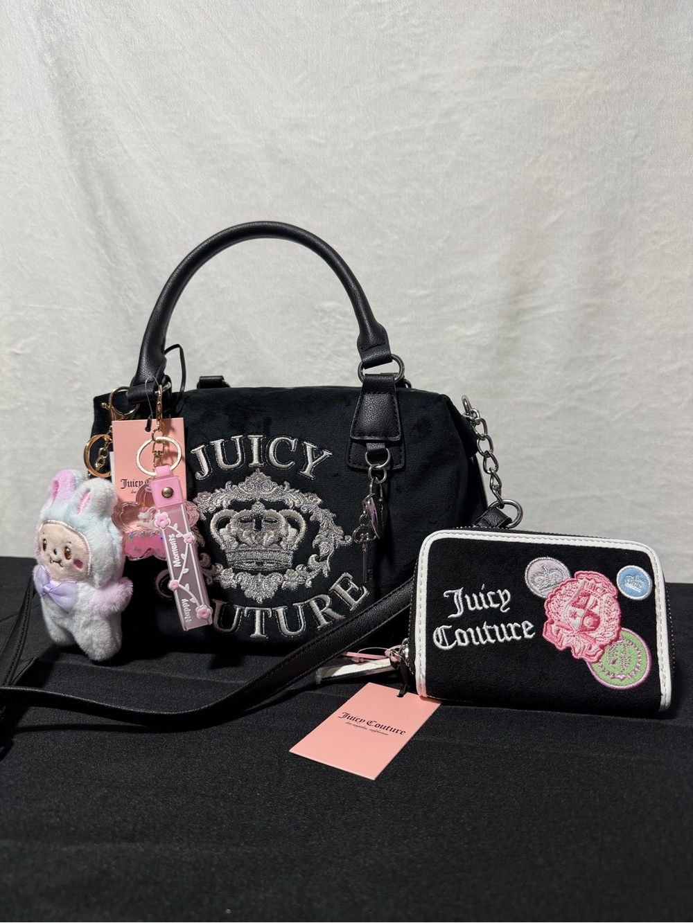 Juicy Couture Black Satchel and Matching Black Zip Wallet with Pink Accents
